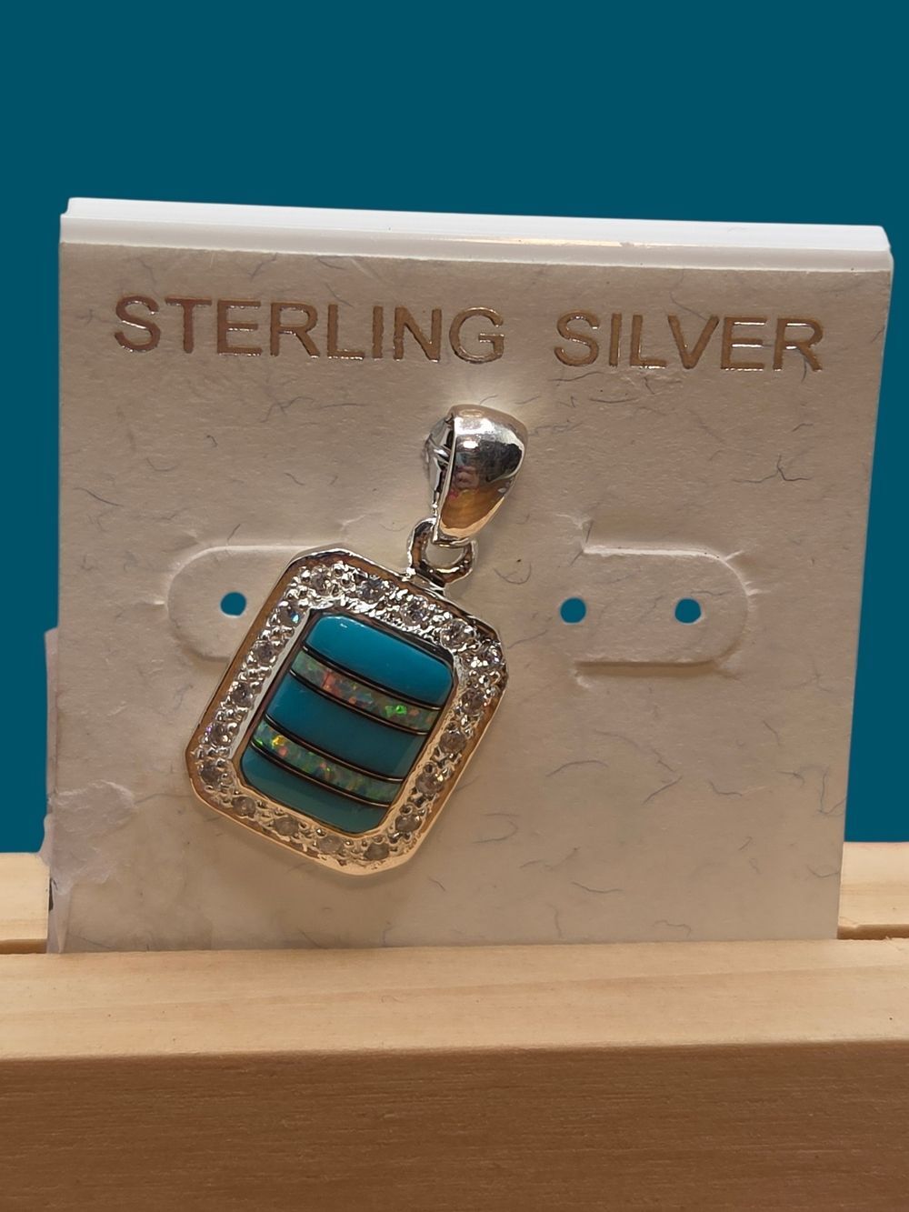ROX Sterling Silver Turquoise Inlay Pendant Cubic Zirconia CZ Frame